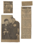 Moe Howard's Newspaper Clippings From 1927, Mostly Regarding Community Theater, But Also With Photo of Ted Healy & Moe ''Mr. Stooge No. 1'' -- About 10 Clippings, Glued to Paper -- Good Condition